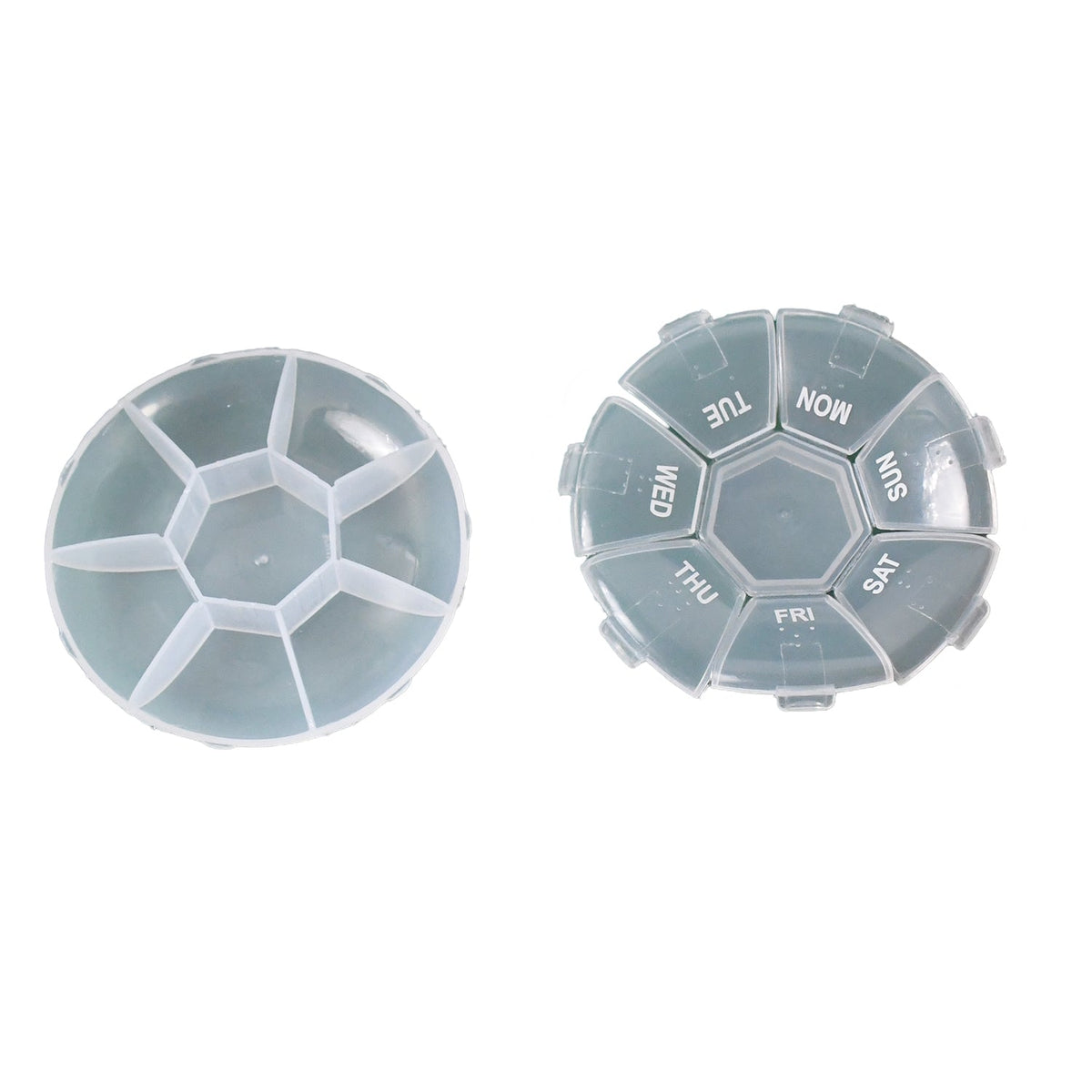 Two views of a light grey 7-day pill organizer, one assembled and one disassembled, on white.