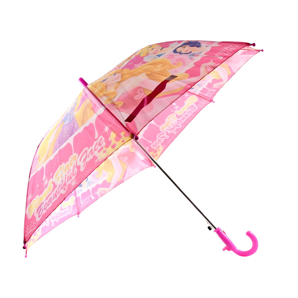 An open pink Disney Princess umbrella with a curved pink handle is displayed against a white background.