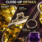 A collage highlighting shimmering gold sequins, a classic kiss-lock closure, and a secure chain link on a purple purse.