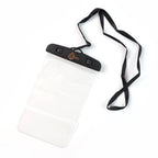 A transparent mobile pouch with a black neck strap and a gold