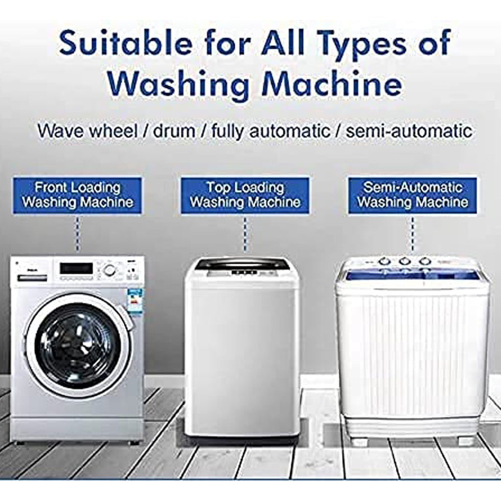 Three types of washing machines: front-loading, top-loading, and semi-automatic, with labels indicating compatibility.