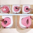 A five-panel image illustrating the detailed steps of placing a pink soft fabric toilet seat cover on a toilet.