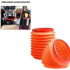 Two orange accordion-style buckets are shown next to insets of them in a car, highlighting their folding convenience.