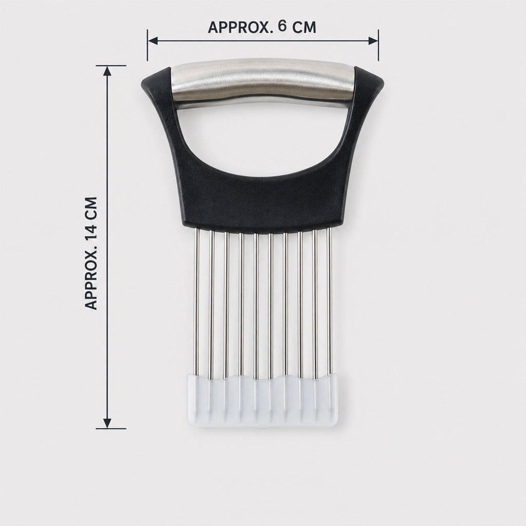 A black and silver onion holder with a white protective guard, showing its approximate dimensions of 6 cm by 14 cm.