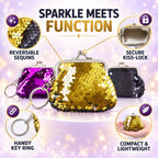 Three sequined coin purse keychains in purple, gold, and black, with callouts for reversible sequins and a handy key ring.