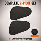 Two black car window sun shades displayed, with an inset showing one shade folded compactly.