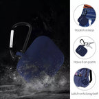A navy blue silicone earbud case with a carabiner is shown with text explaining how to hook it on keys, pants, or a bag.