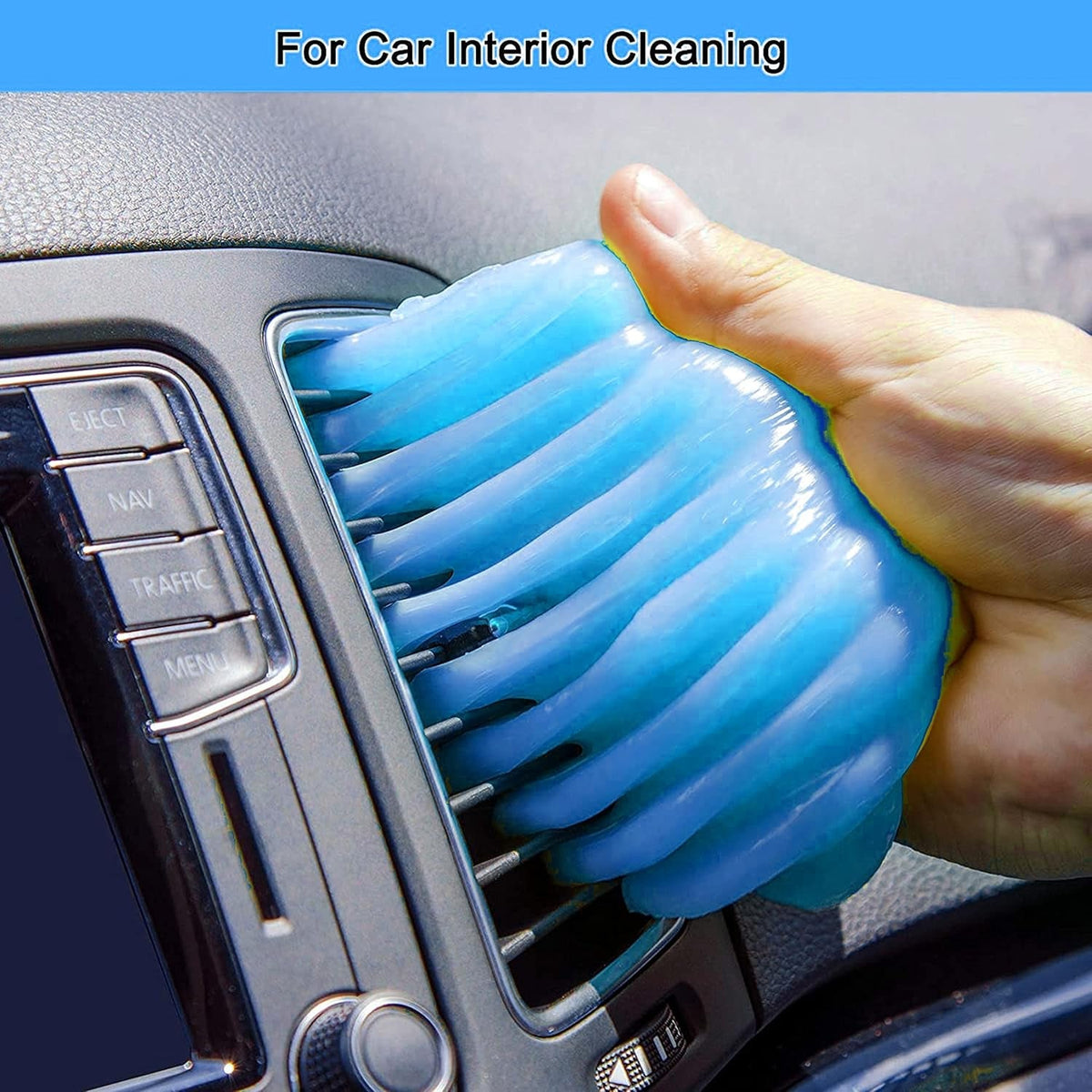 A hand presses blue cleaning gel into the air vent of a car's dashboard, demonstrating its use.