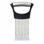 A black and silver onion holder with a white protective guard covering the prongs, centered on a white background.