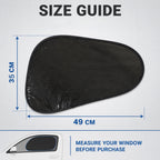 Black mesh sun shade with dimensions of 35 cm by 49 cm, and an illustration for measuring car windows.