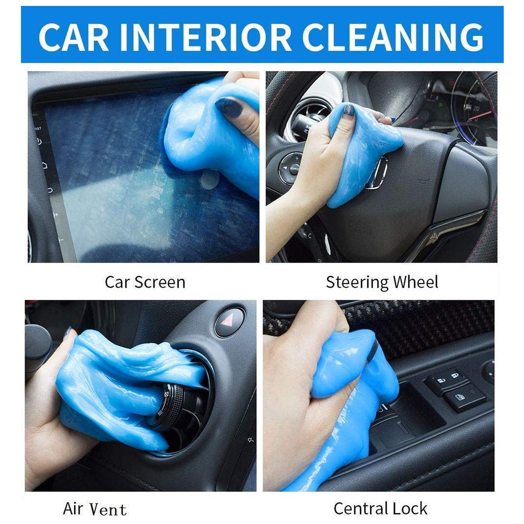 Four insets show blue cleaning gel used on a car screen, steering wheel, air vent, and central lock.