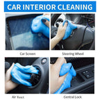 Four insets show blue cleaning gel used on a car screen, steering wheel, air vent, and central lock.