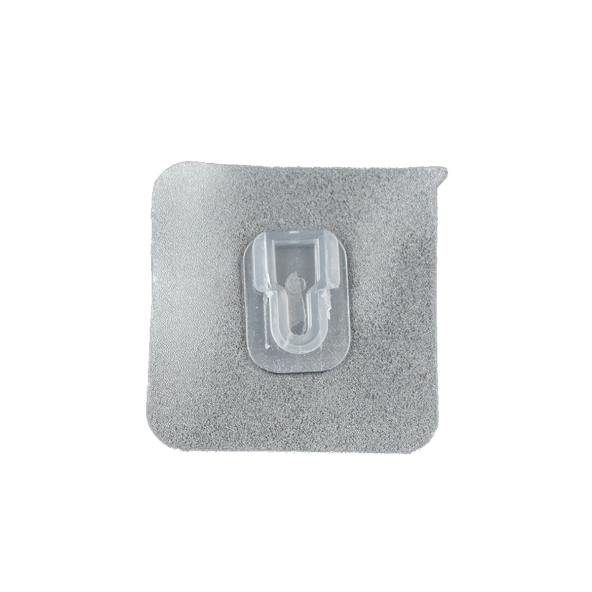 A single clear adhesive hook with a gray textured backing is centered on a white background.