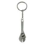 A silver metal mini adjustable wrench keychain with a key ring and chain is centered against a plain white background.
