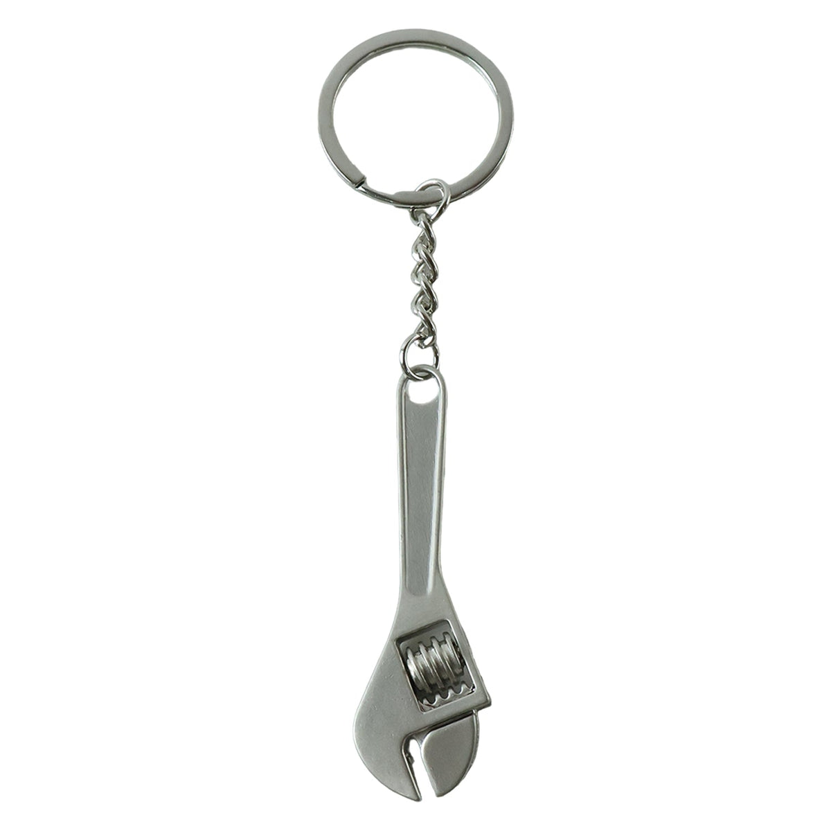 A silver metal mini adjustable wrench keychain with a key ring and chain is centered against a plain white background.