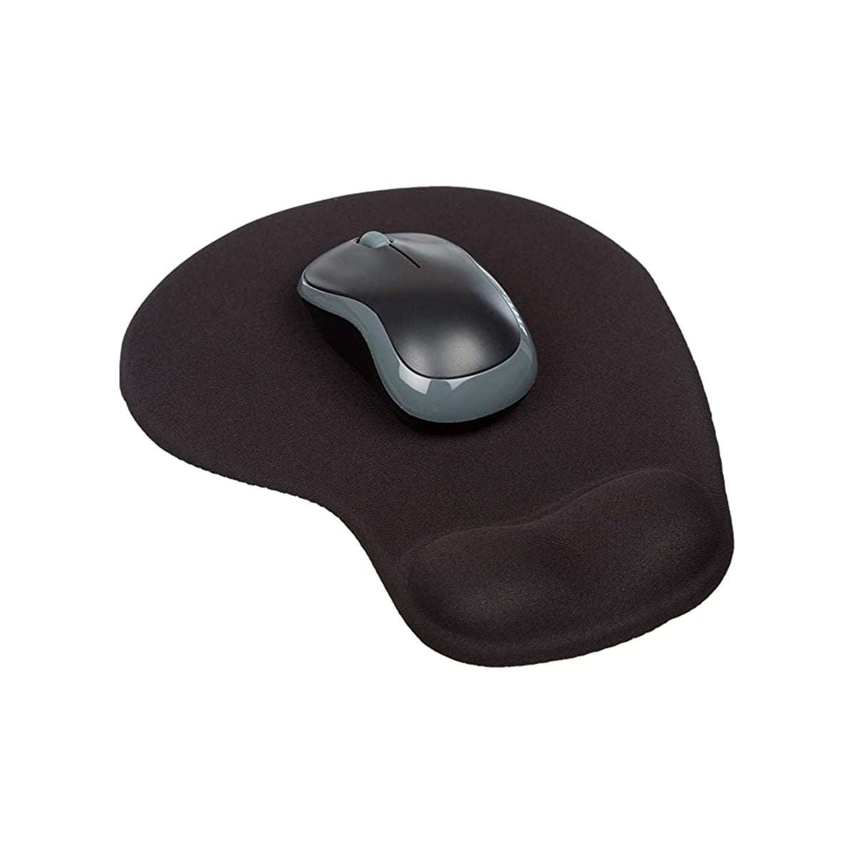 A black ergonomic mouse pad with wrist support and a dark grey wireless mouse resting on it.