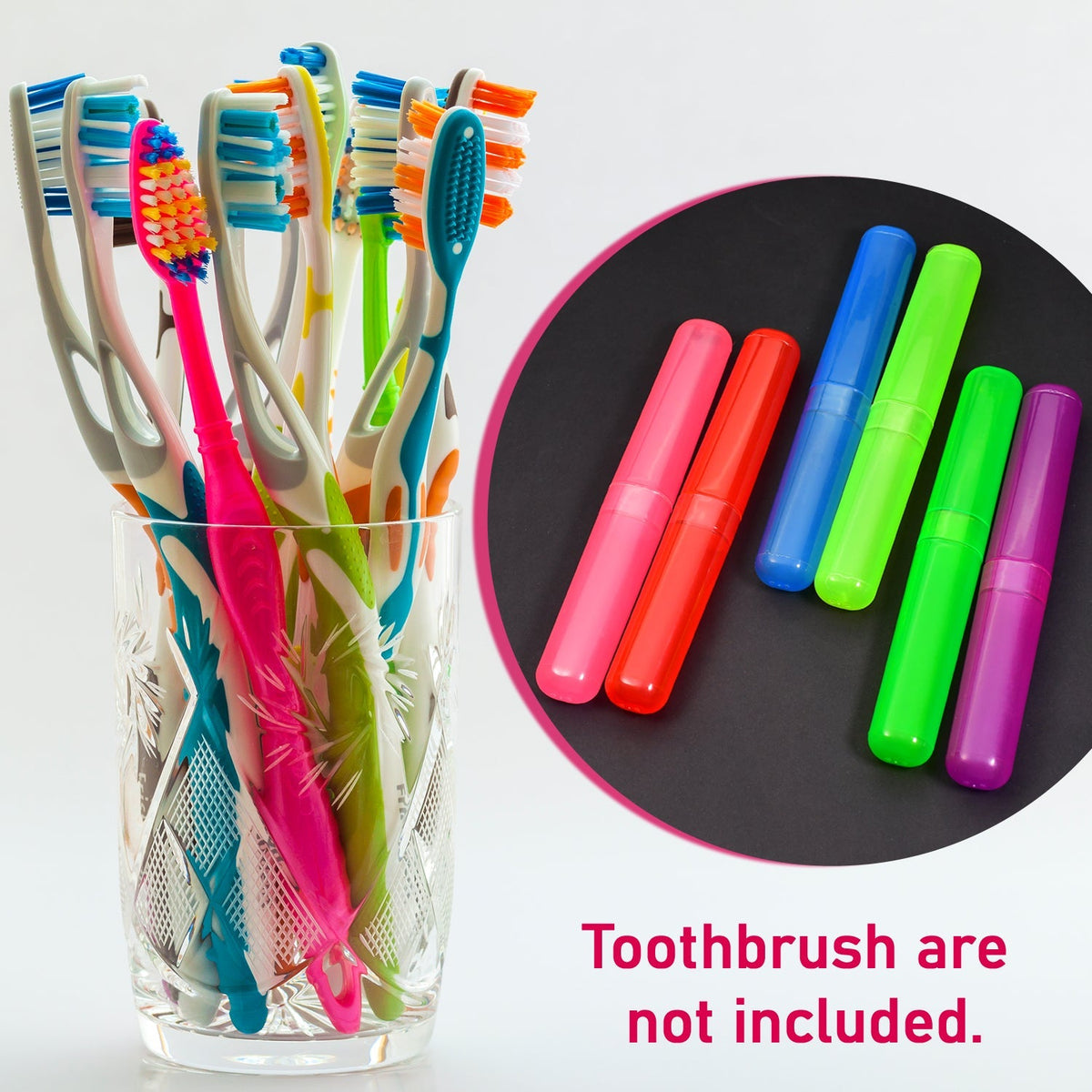 A glass full of various toothbrushes is next to a circular inset showing six colorful toothbrush cases on a dark background.