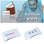 Promotional image showing a 'raincard' in a wallet and a man putting on a blue poncho, with text 'The First Raincoat that