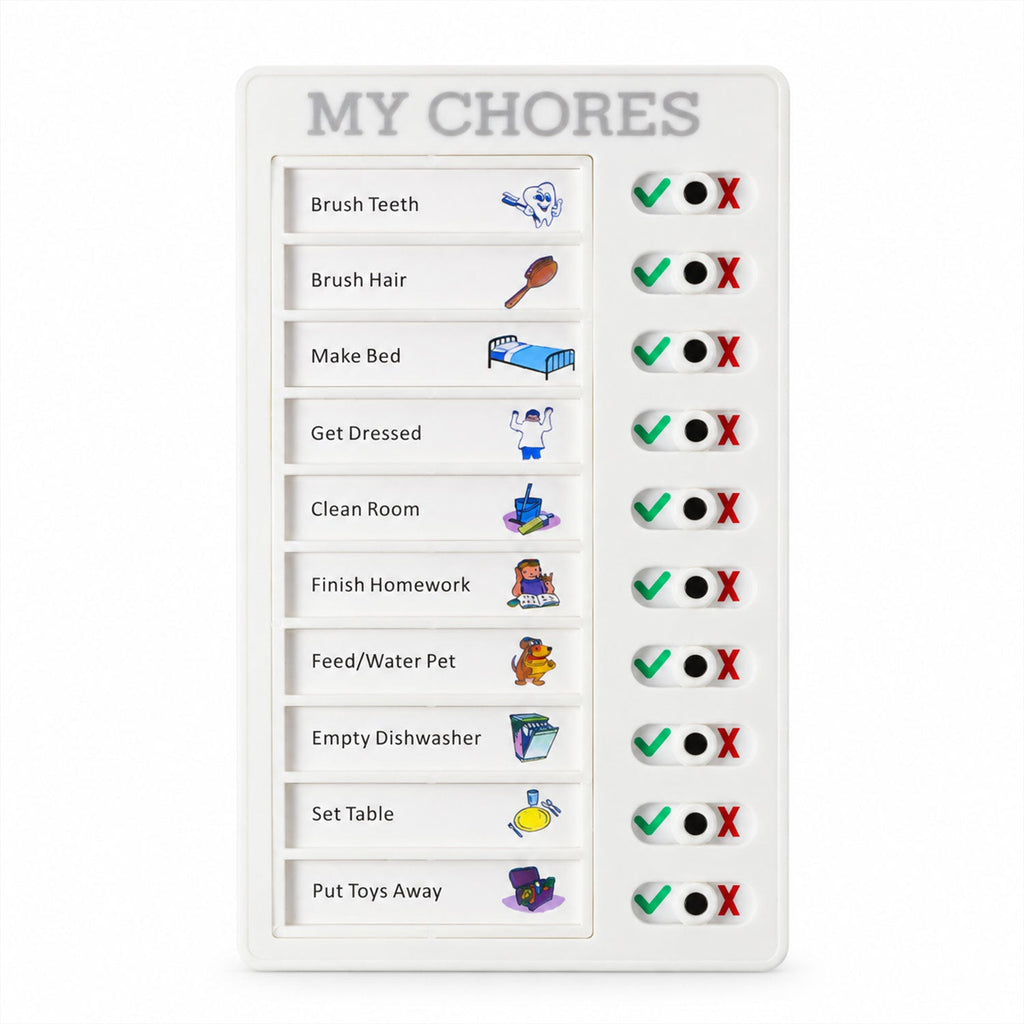 A white rectangular chore board displaying ten daily tasks with corresponding colorful icons and slider indicators.