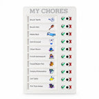 A white rectangular chore board displaying ten daily tasks with corresponding colorful icons and slider indicators.