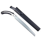 A silver folding hand saw with a black handle and a black protective cover are displayed on a white background.