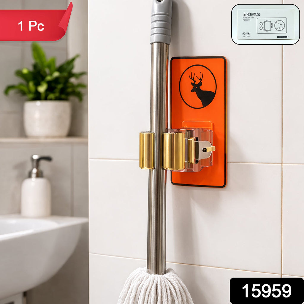 An orange deer-themed wall-mounted holder on a white tiled wall, holding a mop, with a small inset showing product