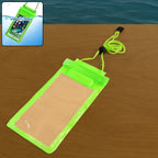 Neon green waterproof phone pouch with a black lanyard on a wooden surface, with a small inset showing it submerged.