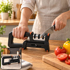 Manual three slot knife sharpener in use on kitchen counter