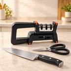 Manual knife sharpener displayed with kitchen knife and scissors