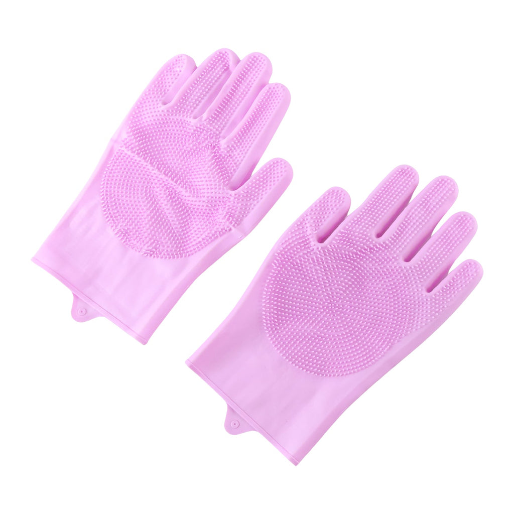 A pair of pink silicone scrubber gloves with textured palms and fingers, isolated on a white background.