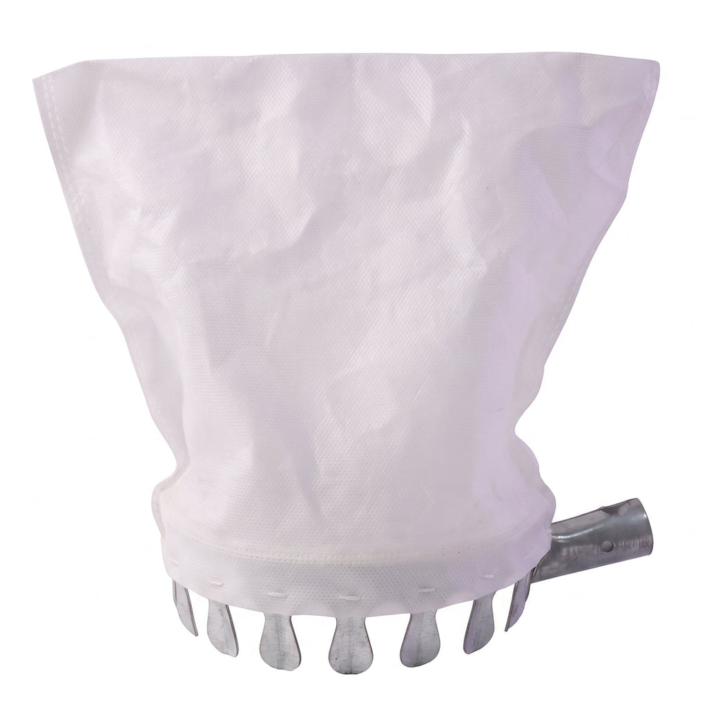 The white collection bag and metal prongs of the fruit picker are shown against a plain white background.