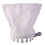 The white collection bag and metal prongs of the fruit picker are shown against a plain white background.