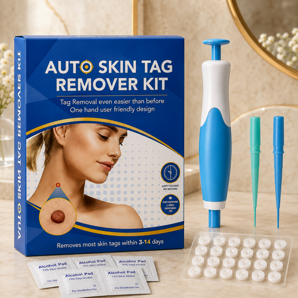 Blue and white skin tag remover kit with applicator, bands, and alcohol pads on a marble surface.