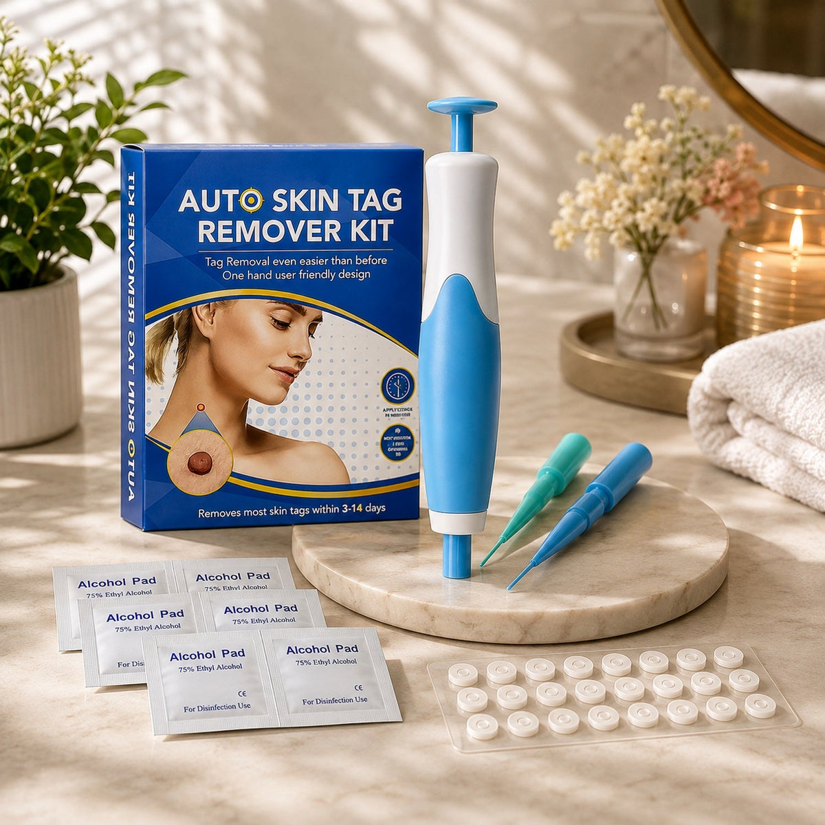 Skin tag remover kit with applicator, bands, and alcohol pads on a marble counter with plants.