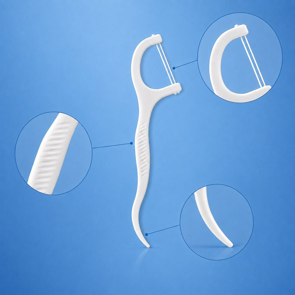 A white dental floss pick with magnified insets showing the textured handle, the floss, and the pointed end.