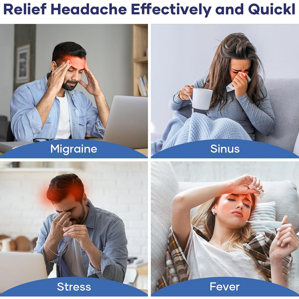 Four images showing people experiencing migraine, sinus, stress, and fever, with red highlights on affected areas.