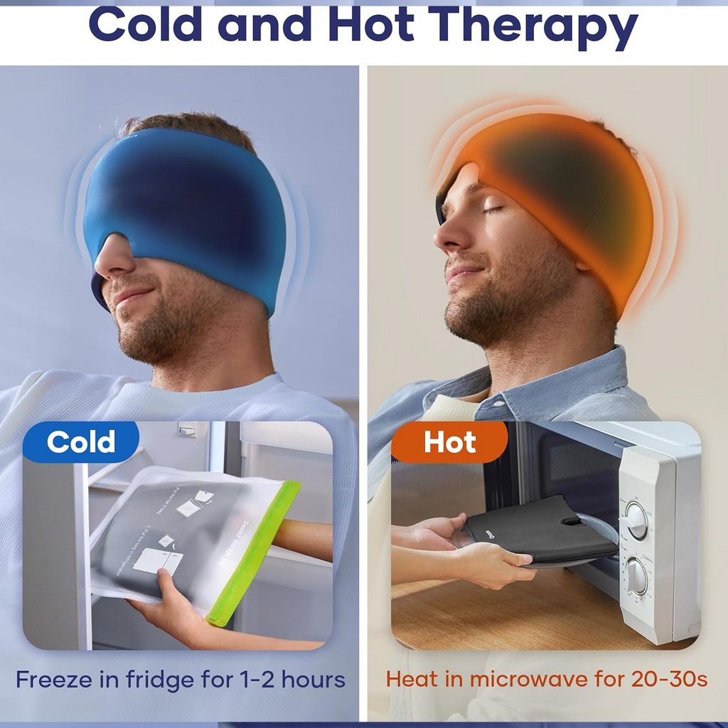 Two split images showing cold therapy with a blue cap and hot therapy with an orange cap, with instructions below.