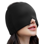 A woman wearing a black migraine relief cap covering her eyes and forehead, with her mouth slightly open.