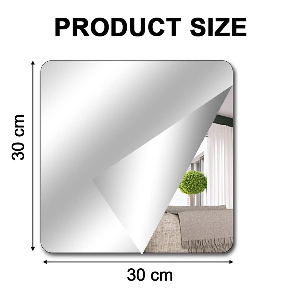 A square mirror with rounded corners shows dimensions of 30 cm by 30 cm, with a peeled back film.