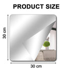 A square mirror with rounded corners shows dimensions of 30 cm by 30 cm, with a peeled back film.