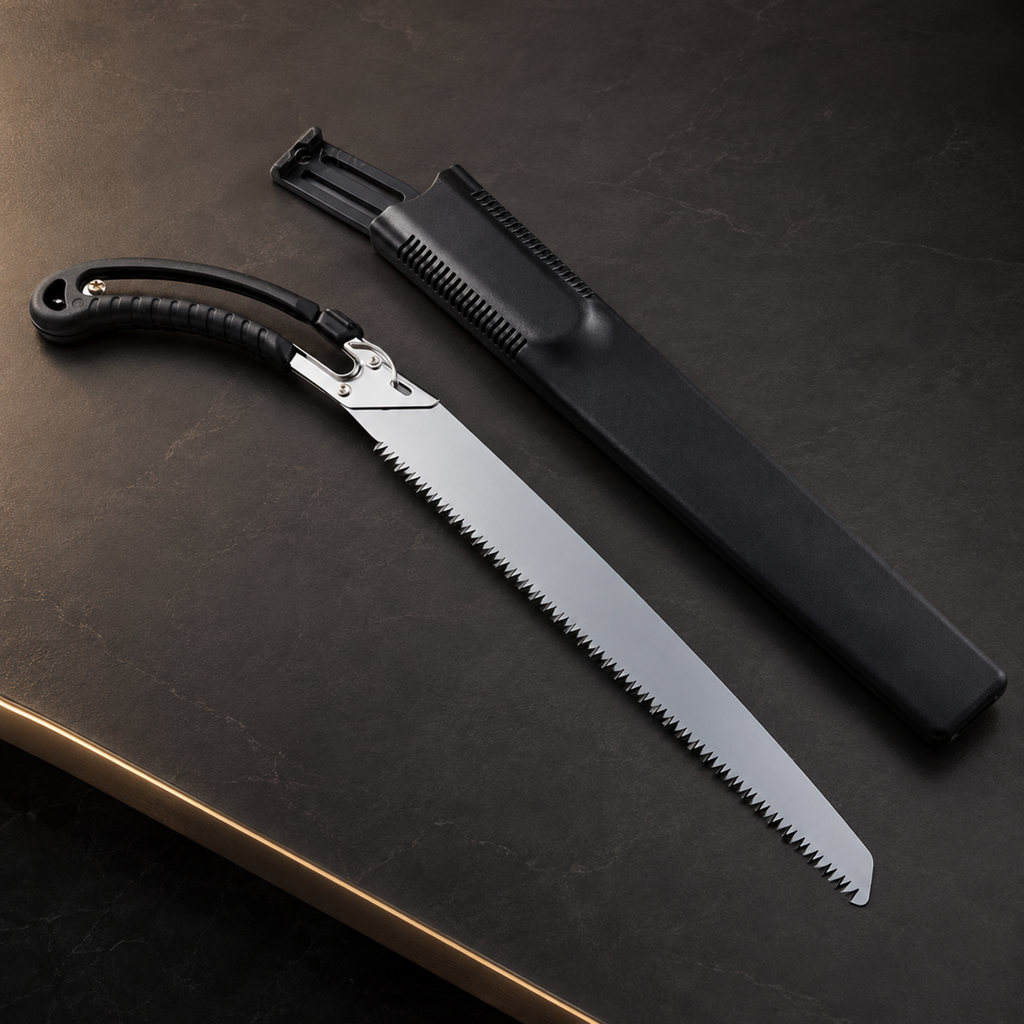 A silver and black folding pruning saw with a black sheath on a dark brown surface.