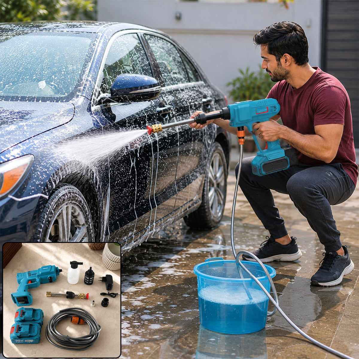 A man in a red shirt and dark pants washes a blue car with a teal and black wireless pressure washer, creating white foam.