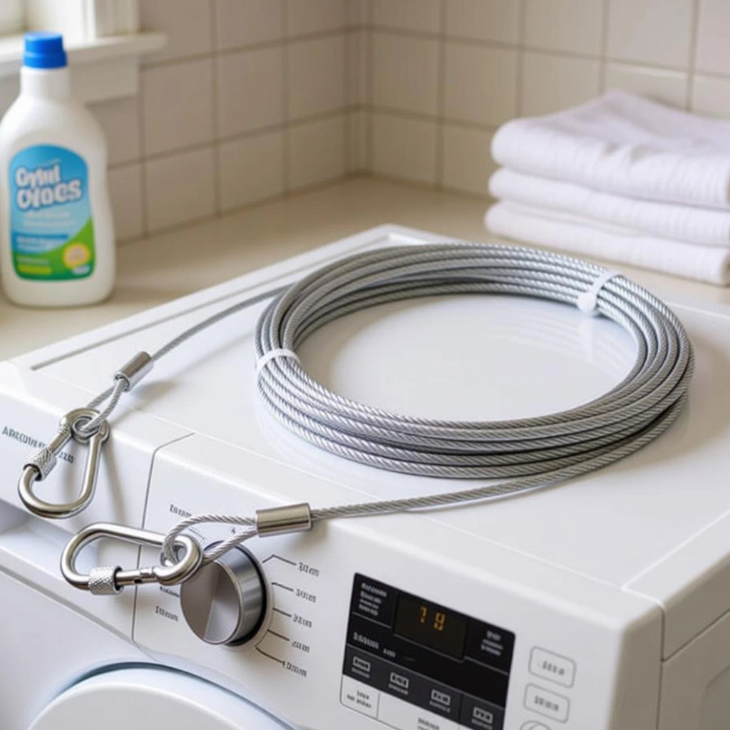 A coiled stainless steel wire rope with two locking hooks sits on top of a white washing machine, with a bottle of laundry