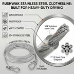 An infographic detailing the features of a stainless steel clothesline, including waterproof, rustproof, vinyl coated, 304