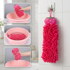 Three panels show a pink microfiber hand towel being washed and wrung out in a pink basin, next to a towel hanging on a