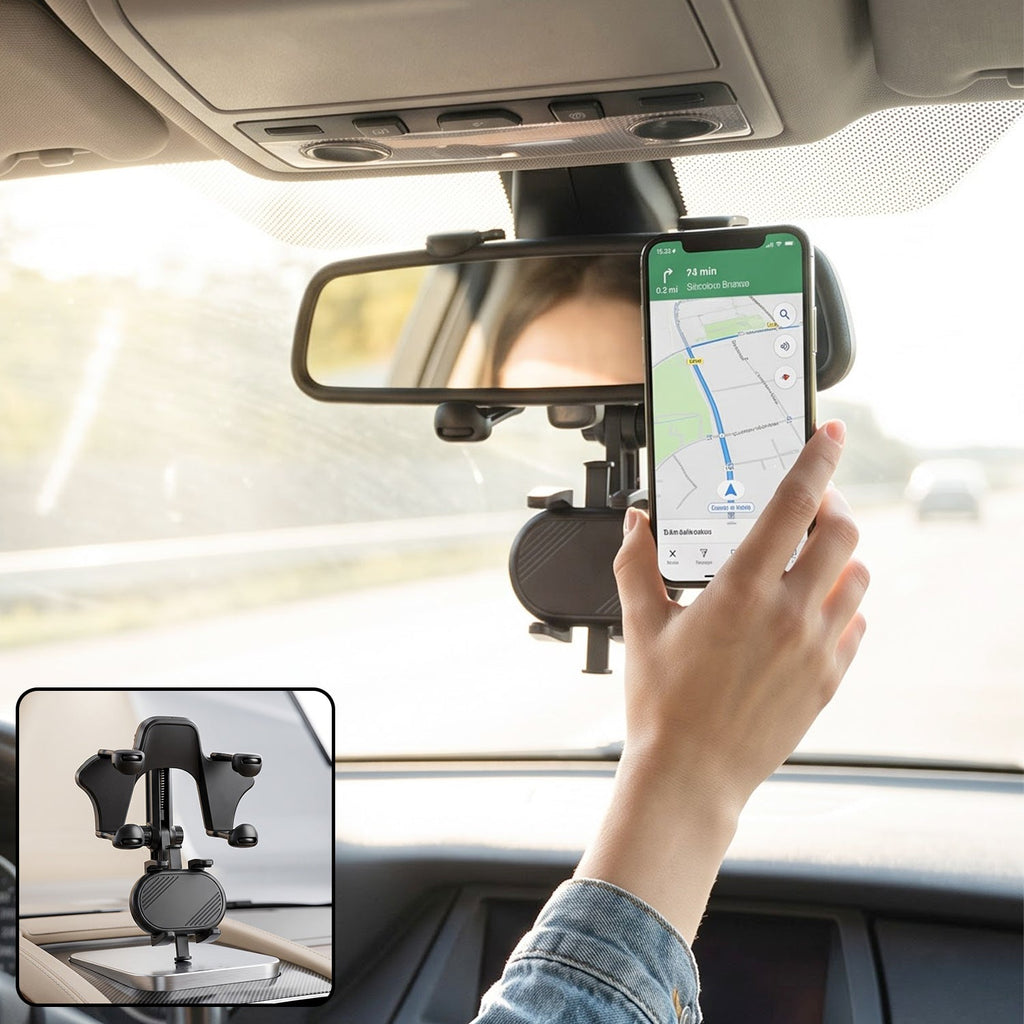 Car rear view mirror phone holder in use