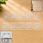 Ten clear self-adhesive wall hooks arranged on a light wood surface, with an inset showing string lights hung by similar