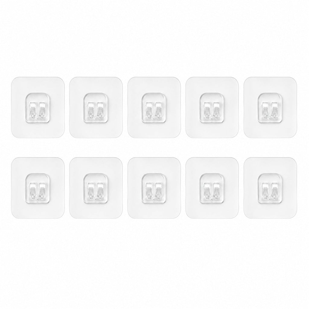 Ten individual clear square adhesive hooks with twin plastic prongs are neatly arranged in two rows on a white background.