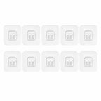 Ten individual clear square adhesive hooks with twin plastic prongs are neatly arranged in two rows on a white background.
