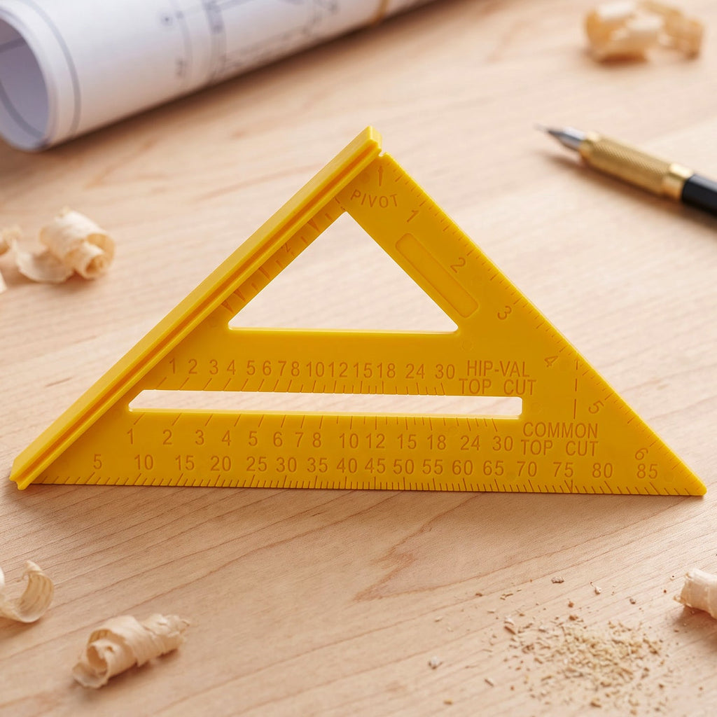 A yellow plastic speed square ruler with markings lies on a light wood surface with wood shavings and a pen.